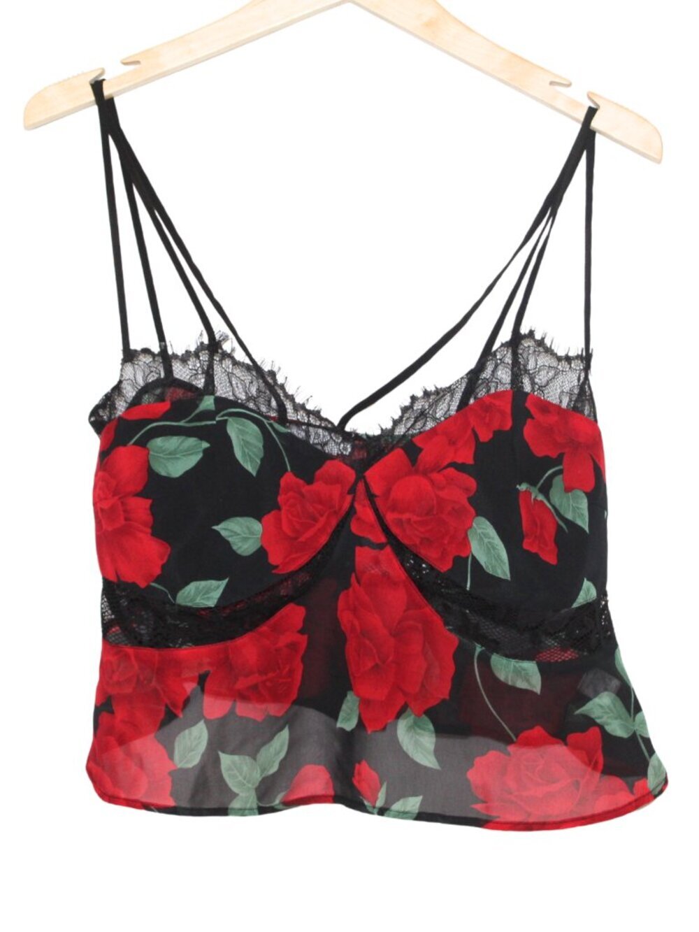 Tobi women's crop top size S red rose print black lace spaghetti strap romantic